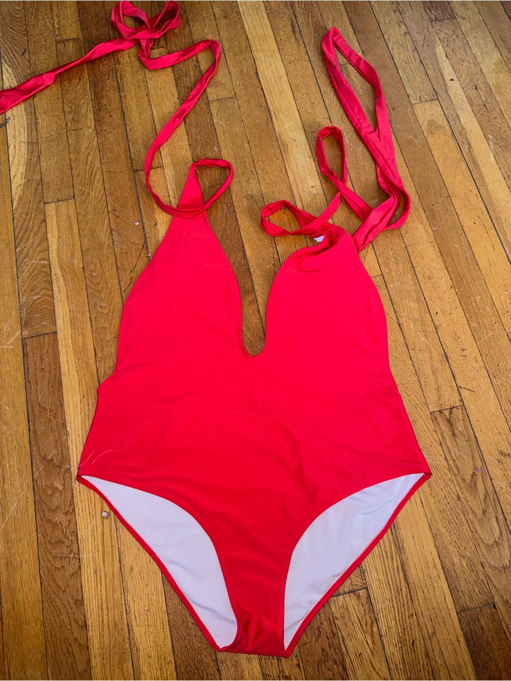 Bright Red Plunge One Piece Tie Shoulder High Cut Monokini Bathing Suit Sz 4X